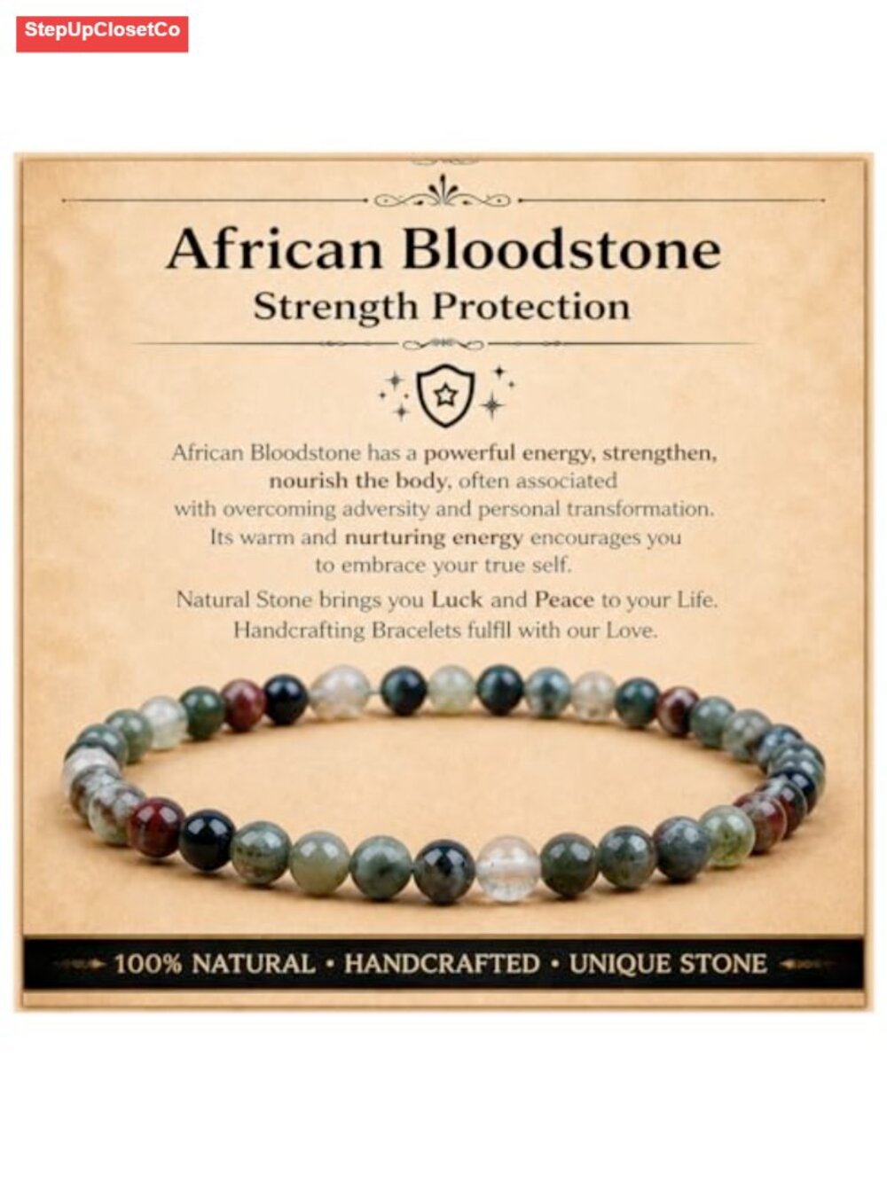 Natural African Bloodstone Gemstone Bracelet, Handcrafted, 8mm Beads, Unisex